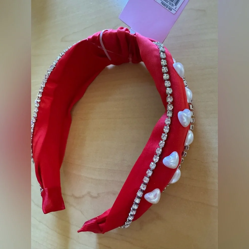 Valentine’s Day Red Statement Satin Headband Rhinestones, Pearls, and Hearts NWT